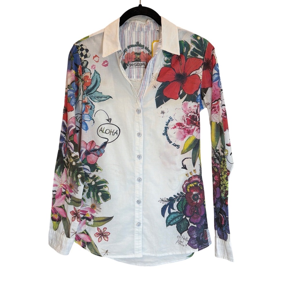 Desigual‎ Womens XS Floral Graphic Button Down Shirt White Aloha Tropical Cotton